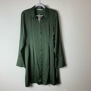 Abercrombie & Fitch green shiny satin long sleeve button down shirt dress LT